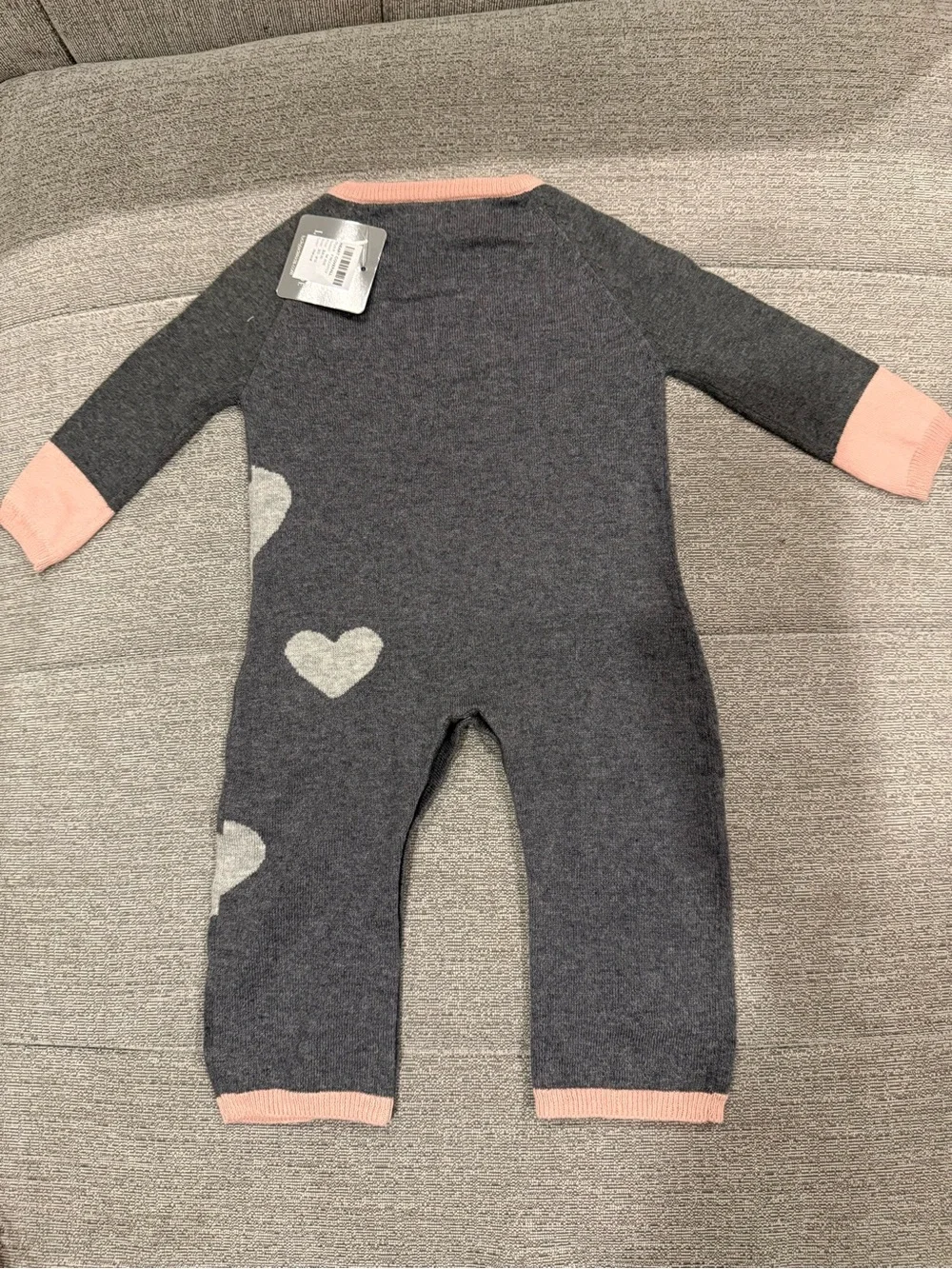 Lucky Jade Baby Girl Gray Knit Heart One-Piece with Pink Trim